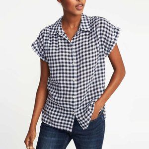 Linen blend gingham blouse